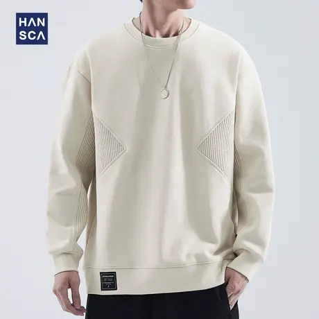 hansca440g重磅卫衣男秋季潮牌日系休闲加厚宽松拼接圆领运动长袖商品大图