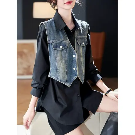 宝诗黎休闲牛仔马甲衬衫2024春季新款韩版宽松棉质黑衬衣两件套女商品大图