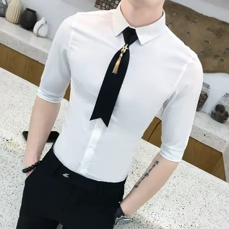 夜场DJ少爷公主夏天工作服潮流韩版男装中袖白衬衫网红五分袖衣服商品大图