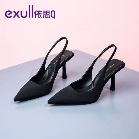 依思q尖头细跟黑色高跟鞋女款2023秋季新款气质绝美法式浅口凉鞋商品大图