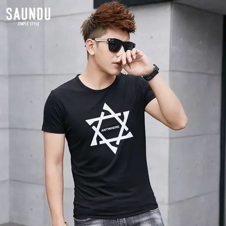 夏季t恤男短袖潮黑色圆领修身体恤衫夏装男生上衣服印花男式半袖商品大图