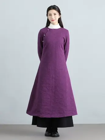 素飞唐装改良袄棉2023冬季加棉紫色连衣裙棉服茶服禅意盘扣长袍子商品大图