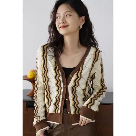 嘉茱莉2023秋季新款针织开衫外套女撞色波浪纹开衫上衣短款针织衫商品大图