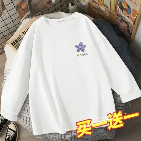长袖上衣女2023秋季新款纯棉女款衣服白色宽松小众女生打底衫t恤商品大图