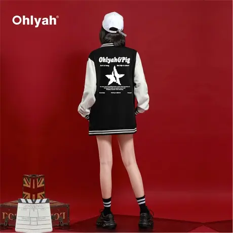Ohlyah拼接棒球服女秋冬美式复古vintage无性别宽松情侣上衣外套商品大图