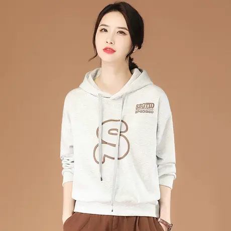 韩潮袭人连帽长袖印花灰色卫衣女2023秋新款休闲百搭显瘦上衣商品大图