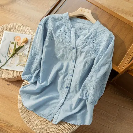 七分袖全棉衬衫刺绣文艺复古百搭休闲上衣女宽松显瘦2022春秋新款商品大图