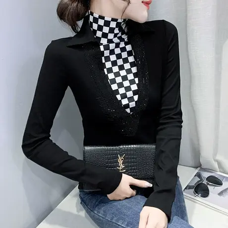 加绒打底衫女秋冬加厚保暖内搭外穿长袖T恤小众设计感假两件上衣商品大图