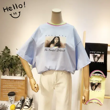 2020夏季新款短袖韩国东大门ins复古头像荷叶袖T恤小众设计感上衣商品大图