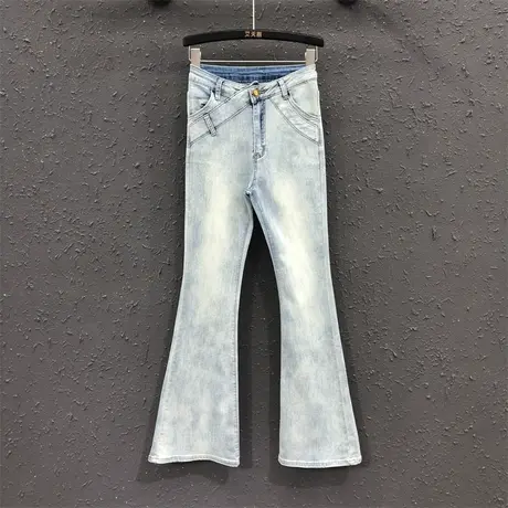 韩版不规则高腰牛仔微喇裤女潮2023夏季新款港味ins显瘦时尚长裤商品大图