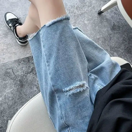 破洞牛仔短裤女五分夏季薄款高腰直筒宽松显瘦百搭浅色阔腿中裤潮图片