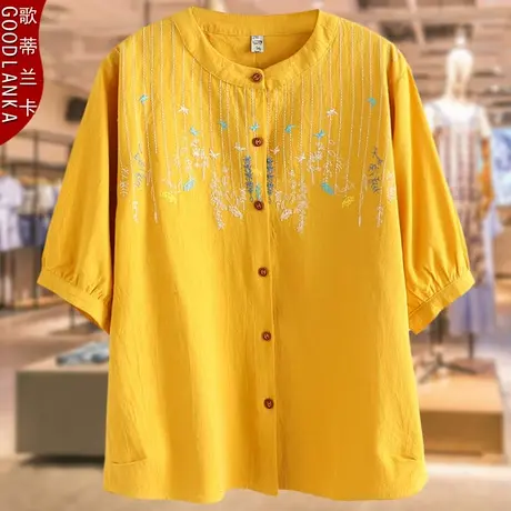 中年妈妈洋气夏装短袖绣花棉麻上衣宽松200斤加肥加大码女装衬衫商品大图