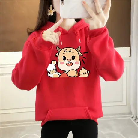 红色连帽卫衣女秋冬2023新款过年加绒加厚本命年新年衣服牛年女装商品大图