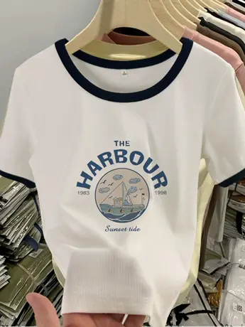 白色仿棉短袖t恤女夏季美式复古正肩宽松设计感小众潮牌拼接上衣商品大图