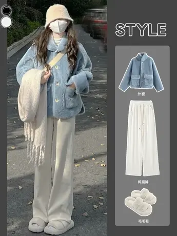 白色灯芯绒阔腿裤女春秋冬2023年新款高腰宽松直筒加绒休闲针织裤图片