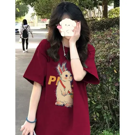 酒红色2023正肩短袖t恤女夏季oversize小众设计感纯棉半袖上衣ins图片