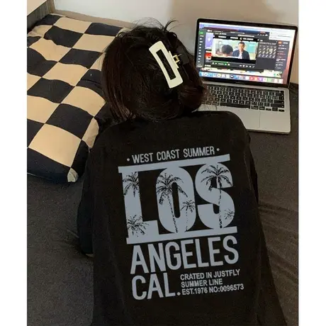 大码女装美式高街黑色短袖复古oversize宽松纯棉t恤夏季情侣上衣商品大图