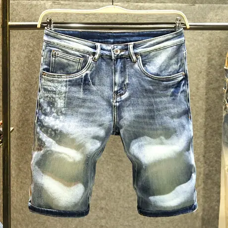 潮牌印花牛仔短裤男款潮流百搭休闲五分裤夏季薄款复古水洗中裤子商品大图