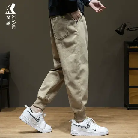 希越卡其色休闲裤男牛仔男裤秋冬加绒宽松大码胖子290斤束脚裤子商品大图