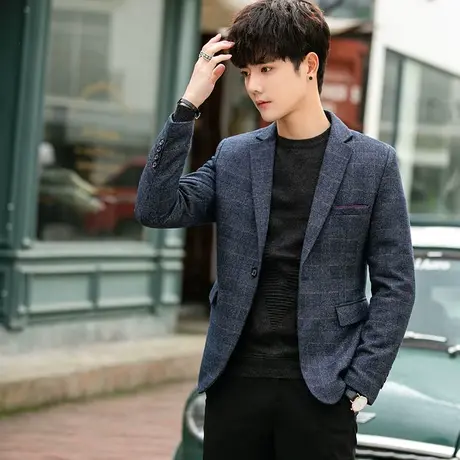 西服男秋季新款商务休闲韩版修身高级感条纹西装暗纹格子单西外套商品大图
