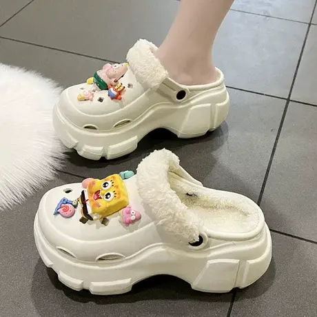 洞洞鞋女加绒外穿2023秋冬新款可爱奶呼呼厚底增高小个子包头棉拖商品大图