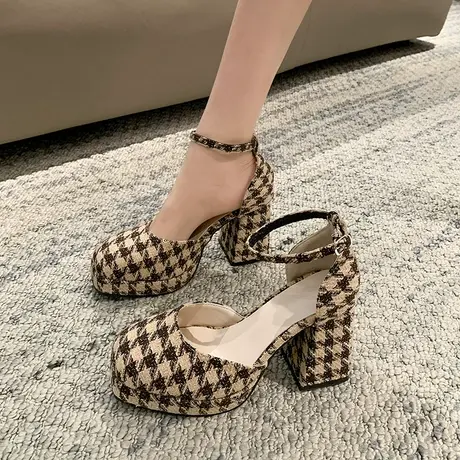 小香风千鸟格粗跟玛丽珍鞋女2023春秋新款中空厚底高跟一字带单鞋商品大图