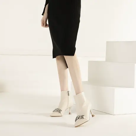 法式尖头短靴女气质高跟2022年新款百搭春秋单靴金属链细跟及裸靴图片