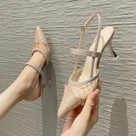 高跟鞋女细跟2023年夏季新款性感包头凉鞋一字扣带单鞋气质名媛风商品大图