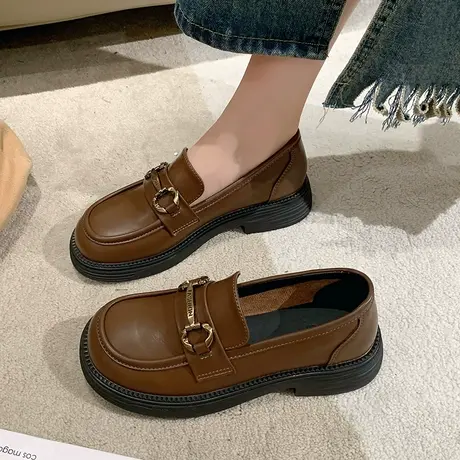 金属搭扣乐福鞋女2023新款英伦风小皮鞋厚底一脚蹬单鞋软底豆豆鞋商品大图