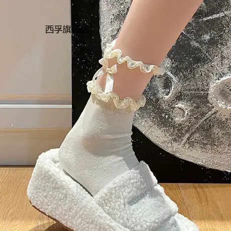 日系Lolita秋冬款蕾丝蝴蝶结花边小腿jk中筒洛丽塔短袜子女ins潮商品大图