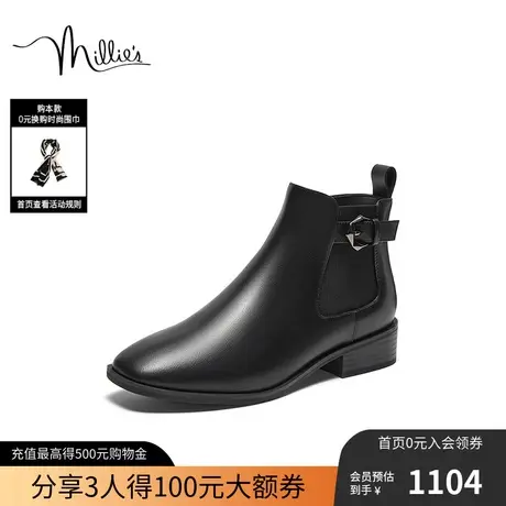 millies妙丽女鞋冬季新款踝靴女牛皮粗跟百搭短靴瘦瘦靴LEV42DD3图片