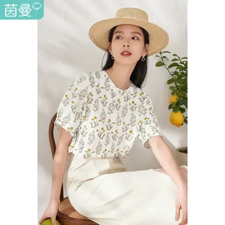 【商场同款】茵曼印花纯棉T恤女士2023夏季新款显瘦满印宽松圆领图片