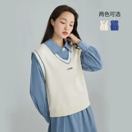茵曼百搭女春季新款V领刺绣撞色休闲学院风北极绒针织马甲图片