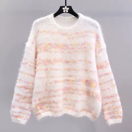 日系甜美彩色条纹毛衣女秋冬2023新款宽松温柔风软糯针织衫上衣商品大图
