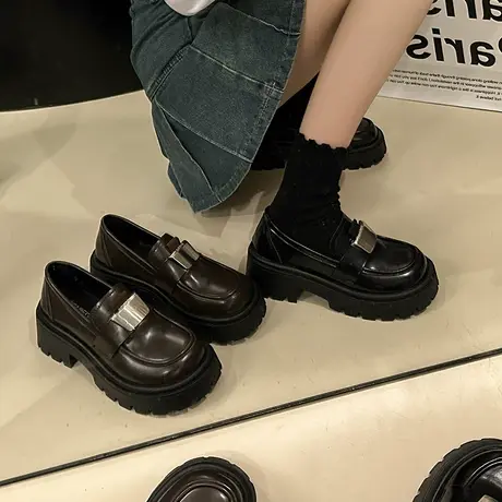 百搭乐福鞋女款2024春季新款厚底高跟单鞋小个子英伦风粗跟小皮鞋图片