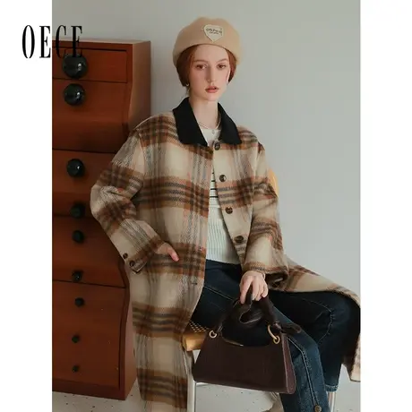 【9.20上新】Oece复古格纹呢大衣女2023秋冬季新款中长款毛呢外套商品大图