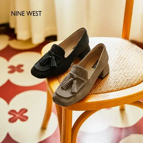 Nine West/玖熙流苏乐福鞋女2025夏季新款粗跟一脚蹬豆豆单鞋软底商品大图