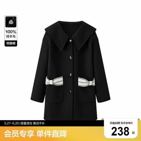 【清仓】乐町披领A版中长大衣冬撞色蝴蝶结毛呢外套C1AAD40商品大图