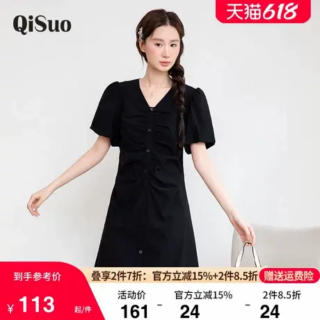 绮娑大码女装连衣裙2025年新款夏季胖MM褶皱设计感收腰显瘦小黑裙商品大图