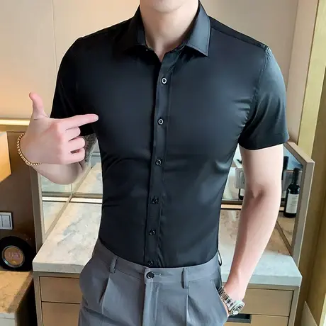 男士衬衫商务正装短袖小衬衣高档韩版潮流夏季黑色纯色高级感新款图片