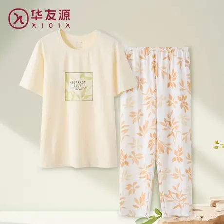 华友源春夏季女士短袖纯棉套头家居服休闲宽松透气中长裤睡衣套装商品大图