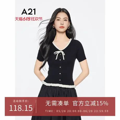 A21女装黑色V领蝴蝶结套头短袖毛针织衫2025夏季新款韩版拼色上衣商品大图