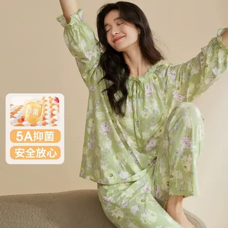 秋鹿【超柔软】凉感棉抑菌睡衣女款春秋蕾丝碎花家居服可外穿套装商品大图