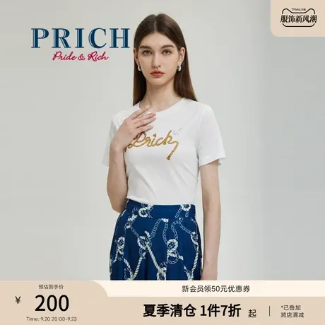 PRICH23夏新款设计感logo图案海军风基础款纯棉T恤短袖上衣女商品大图