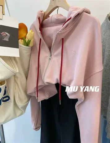 慵懒休闲 抽绳拉链毛圈棉连帽卫衣女春秋薄款笑脸标宽松帽衫外套商品大图