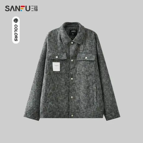 三福2023冬男士小香风贴标夹克 时尚宽松翻领纯棉外套男476154商品大图