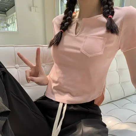 纯欲独特复古美式chic港味甜辣妹短款上衣设计感小众短袖t恤女夏商品大图