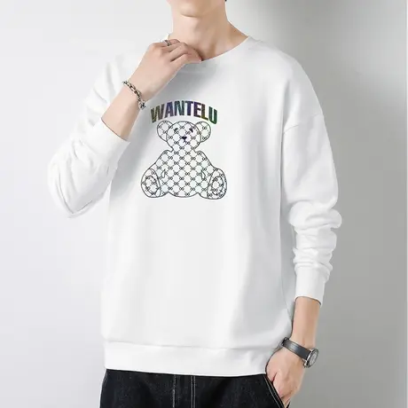 卫衣男春秋款潮流宽松白色小熊印花圆领长袖t恤加绒套头无帽上衣商品大图
