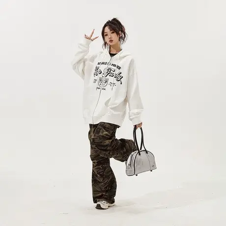 YEP美式字母印花连帽卫衣女开衫外套春秋款2023新款复古宽松上衣商品大图