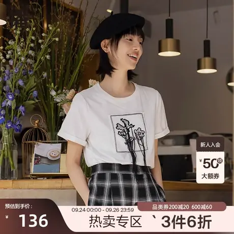 播夏季圆领套头刺绣装饰翻边袖口绣花T恤女BDP2YD0074图片